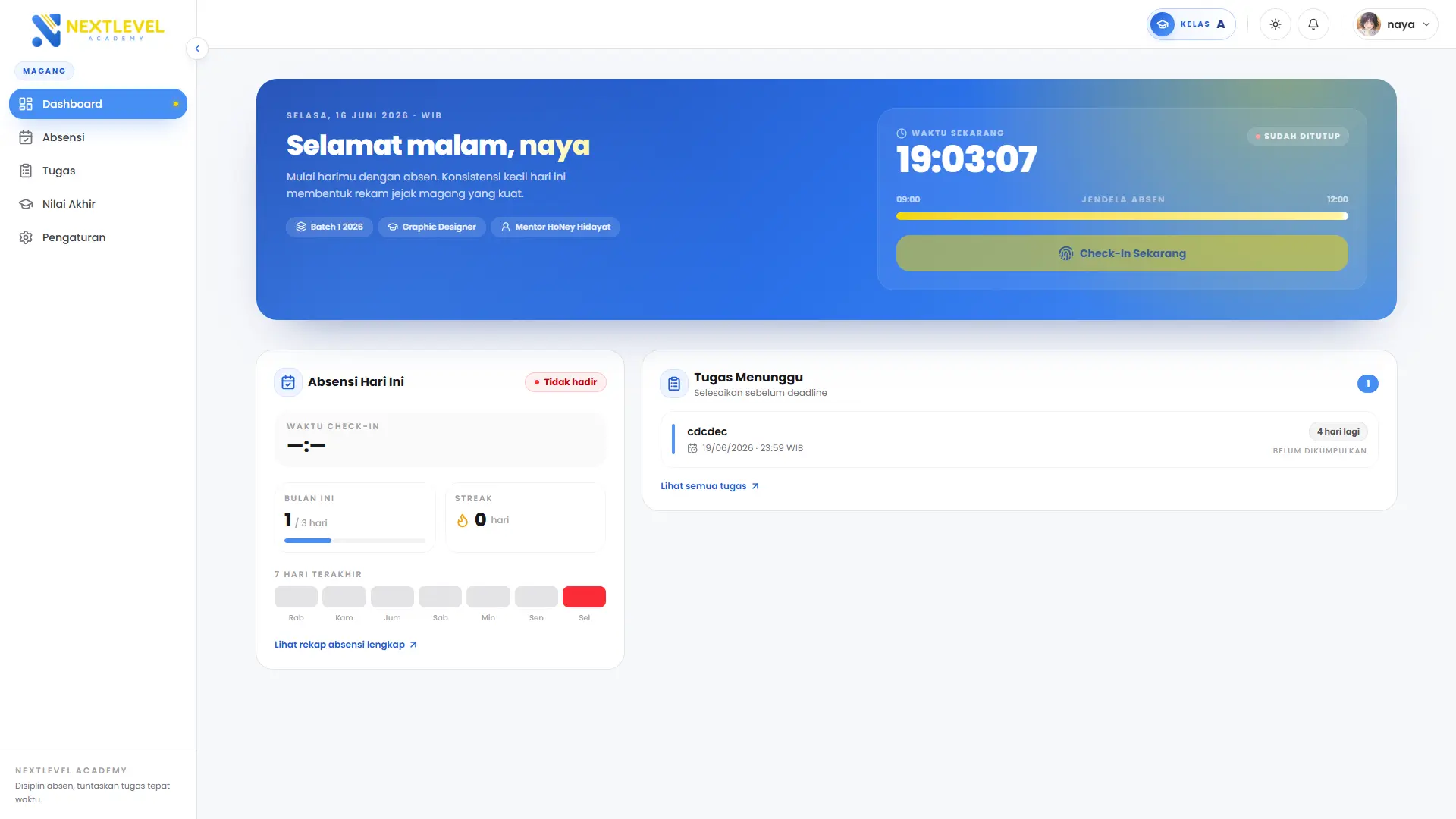 Intern workspace dashboard with attendance and task overview